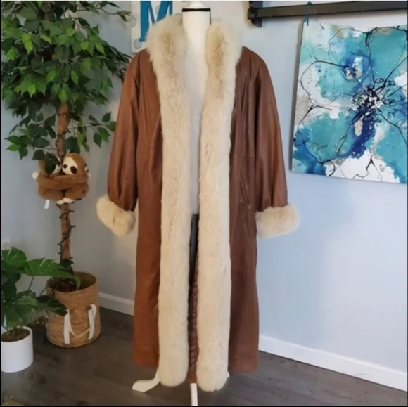 STAVROS Vtg Penny Lane Leather Coat Fox Fur Trim 80s - Picture 13 of 16